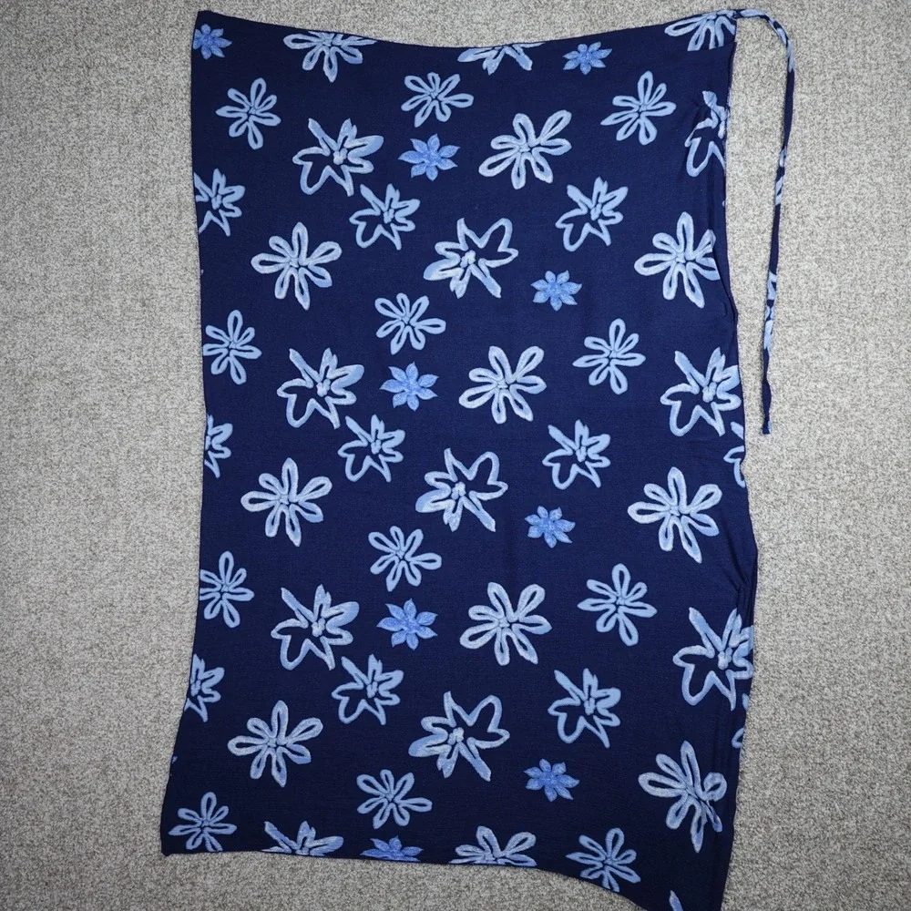 Blue Linen Blend Floral Sarong Wrap Skirt Beach Coverup Navy Light Blue Tropical